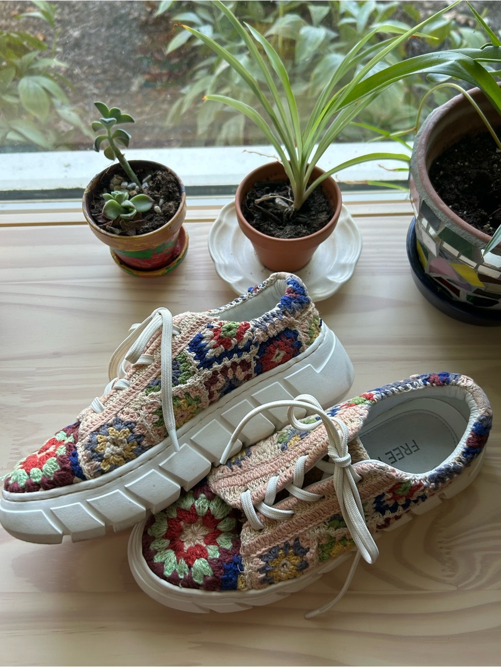 Free People Crochet Sneakers in Multicolor Cream and Blue